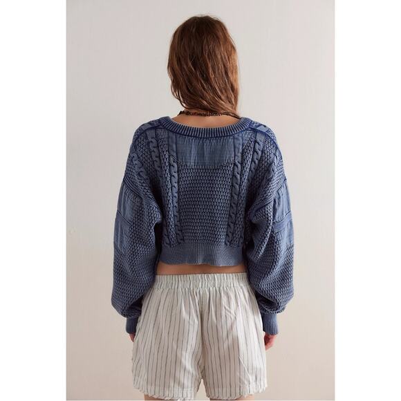 Free People Patchwork Chunky Cable Knit Heritage Cardi Cardigan Sweater Size XL - Picture 5 of 14